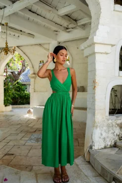 Cocktail Dresses|Brunch Dresses>Fortunate One All The Girls Linen Maxi Dress Green
