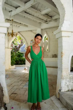 Cocktail Dresses|Brunch Dresses>Fortunate One All The Girls Linen Maxi Dress Green