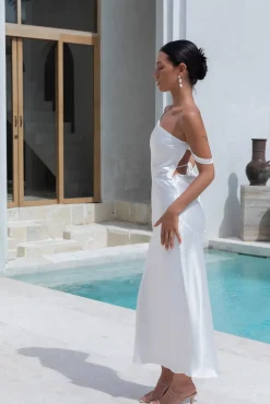 Formal Dresses|Satin Dresses>Hello Molly Angelica Satin Maxi Dress White