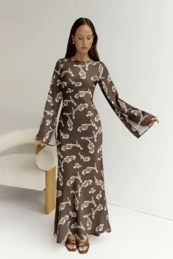 Wedding Guest Dresses|Vacation Dresses>Hello Molly Angeline Long Sleeved Maxi Dress Brown