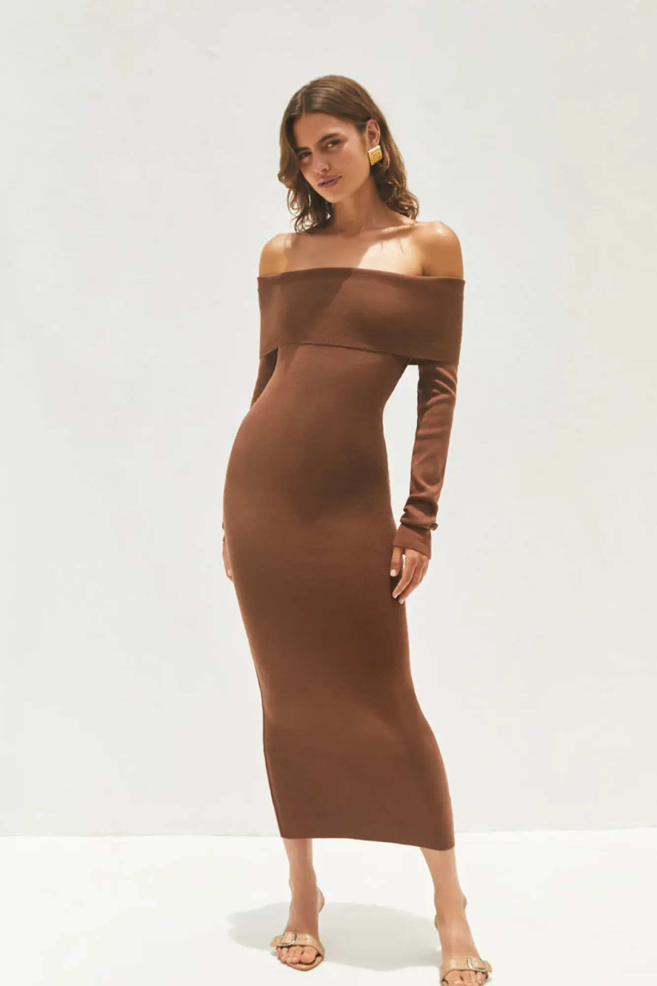 Date Night Dresses|Brunch Dresses>Hello Molly Angels Sing Off Shoulder Knit Maxi Dress Chocolate
