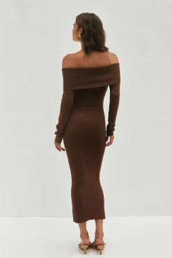 Date Night Dresses|Brunch Dresses>Hello Molly Angels Sing Off Shoulder Knit Maxi Dress Chocolate
