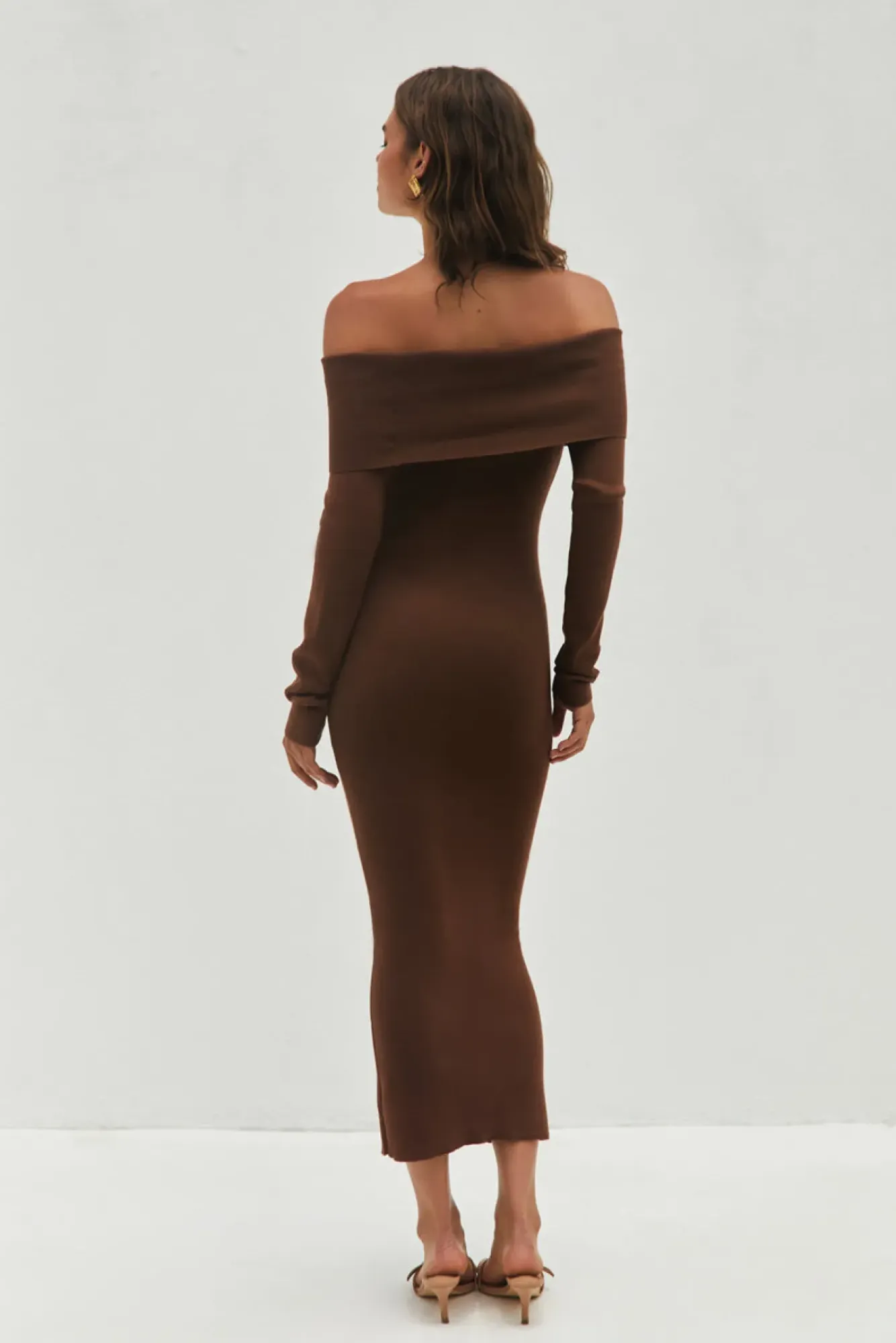 Date Night Dresses|Brunch Dresses>Hello Molly Angels Sing Off Shoulder Knit Maxi Dress Chocolate