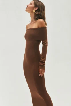 Date Night Dresses|Brunch Dresses>Hello Molly Angels Sing Off Shoulder Knit Maxi Dress Chocolate