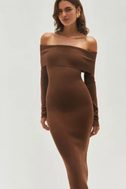 Date Night Dresses|Brunch Dresses>Hello Molly Angels Sing Off Shoulder Knit Maxi Dress Chocolate