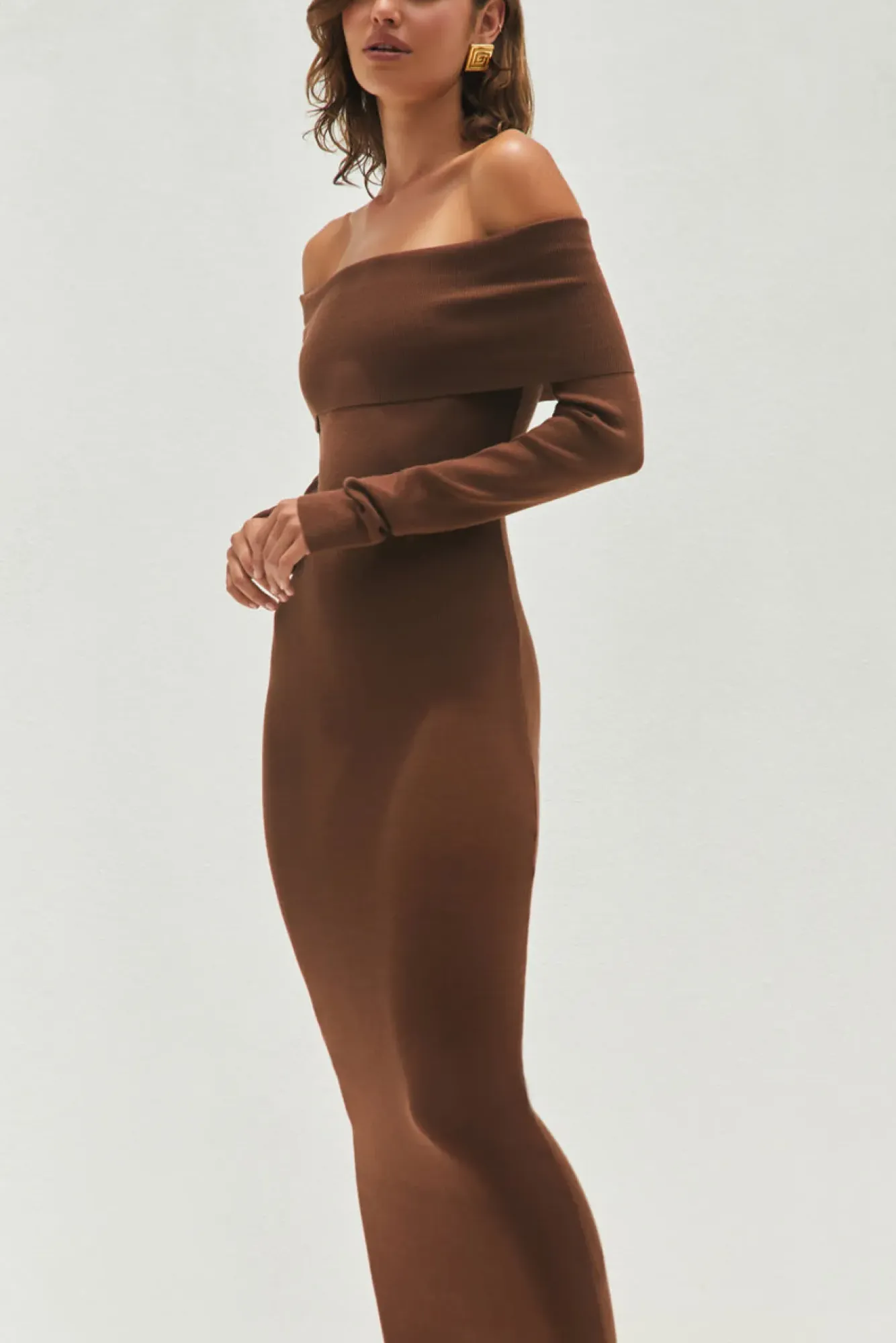 Date Night Dresses|Brunch Dresses>Hello Molly Angels Sing Off Shoulder Knit Maxi Dress Chocolate