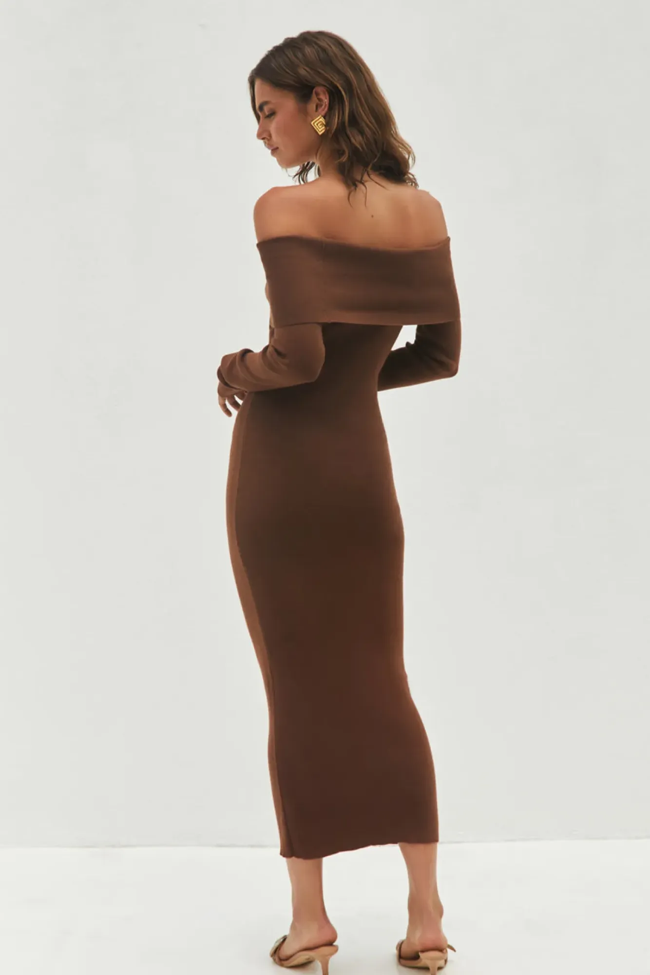 Date Night Dresses|Brunch Dresses>Hello Molly Angels Sing Off Shoulder Knit Maxi Dress Chocolate