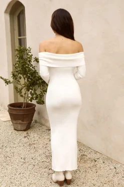 Date Night Dresses|White Dresses>Hello Molly Angels Sing Off Shoulder Knit Maxi Dress White