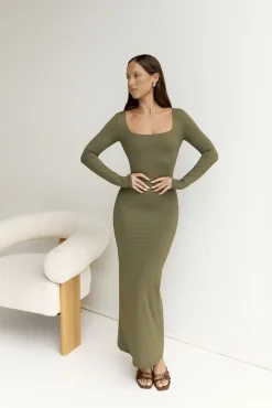 Date Night Dresses|Casual Dresses>Hello Molly BASE Embrace Shape Long Sleeve Maxi Dress Army