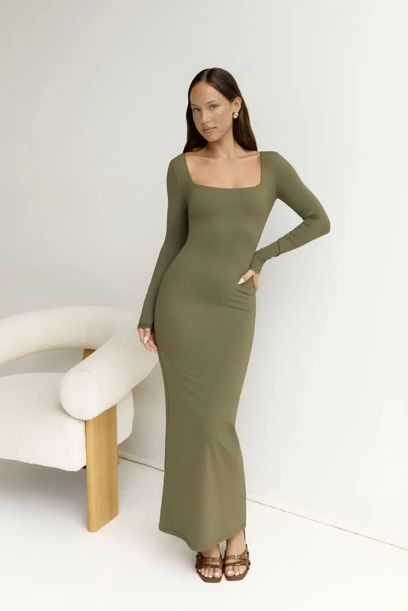 Date Night Dresses|Casual Dresses>Hello Molly BASE Embrace Shape Long Sleeve Maxi Dress Army