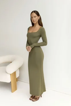 Date Night Dresses|Casual Dresses>Hello Molly BASE Embrace Shape Long Sleeve Maxi Dress Army