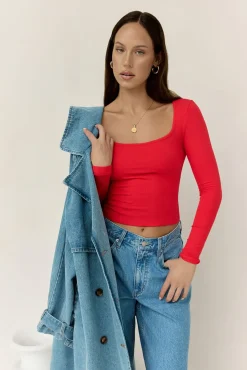 Long Sleeve|Cropped>Hello Molly BASE Wear Now Ribbed Long Sleeve Top Red