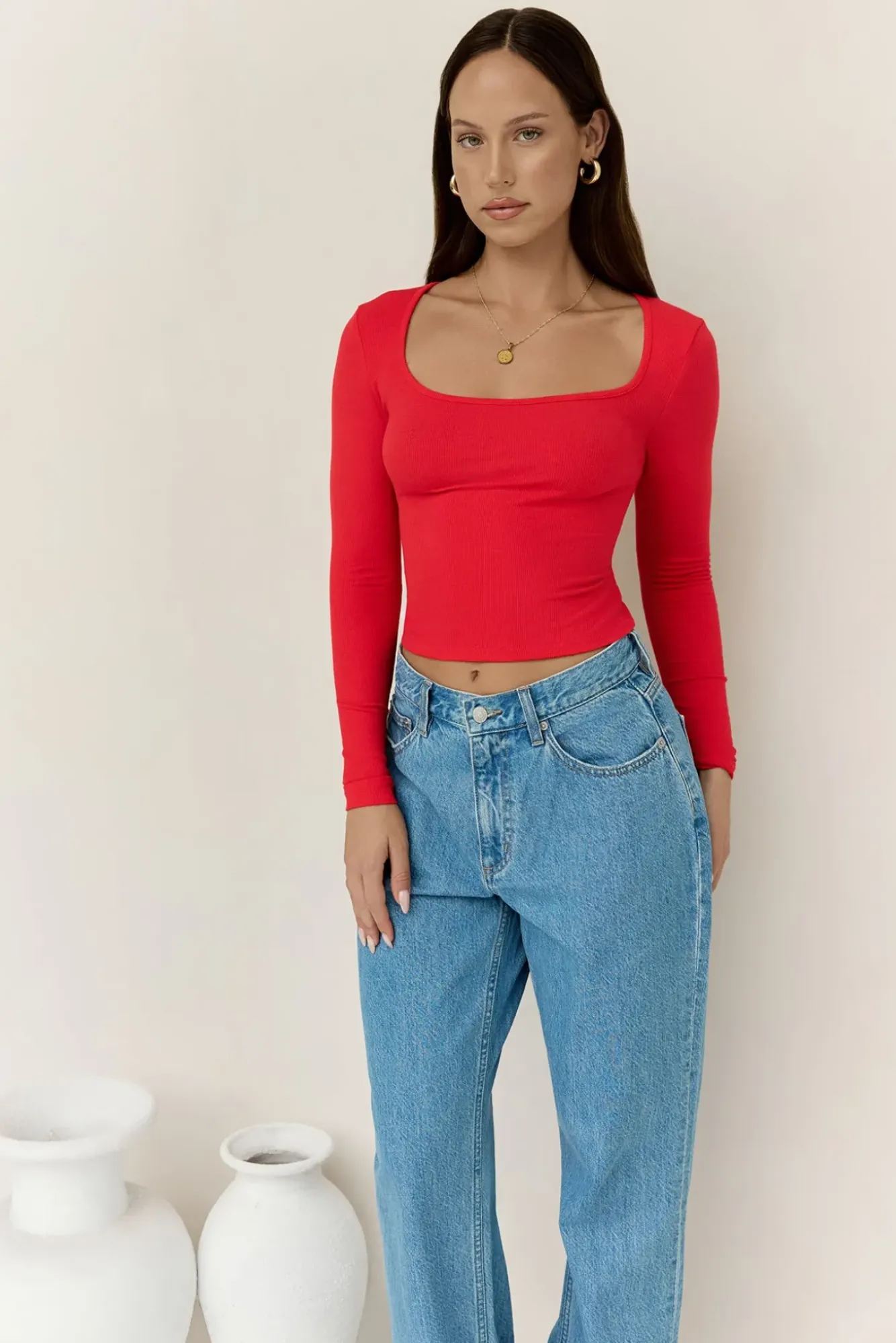 Long Sleeve|Cropped>Hello Molly BASE Wear Now Ribbed Long Sleeve Top Red