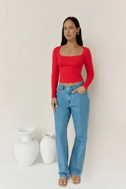 Long Sleeve|Cropped>Hello Molly BASE Wear Now Ribbed Long Sleeve Top Red