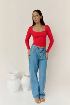 Long Sleeve|Cropped>Hello Molly BASE Wear Now Ribbed Long Sleeve Top Red