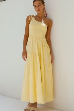 Cocktail Dresses|Spring Break Dresses>Hello Molly Beaming Hues One Shoulder Maxi Dress Yellow
