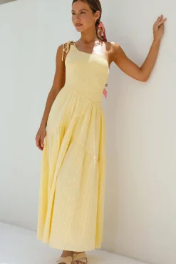 Cocktail Dresses|Spring Break Dresses>Hello Molly Beaming Hues One Shoulder Maxi Dress Yellow