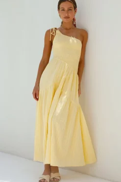 Cocktail Dresses|Spring Break Dresses>Hello Molly Beaming Hues One Shoulder Maxi Dress Yellow