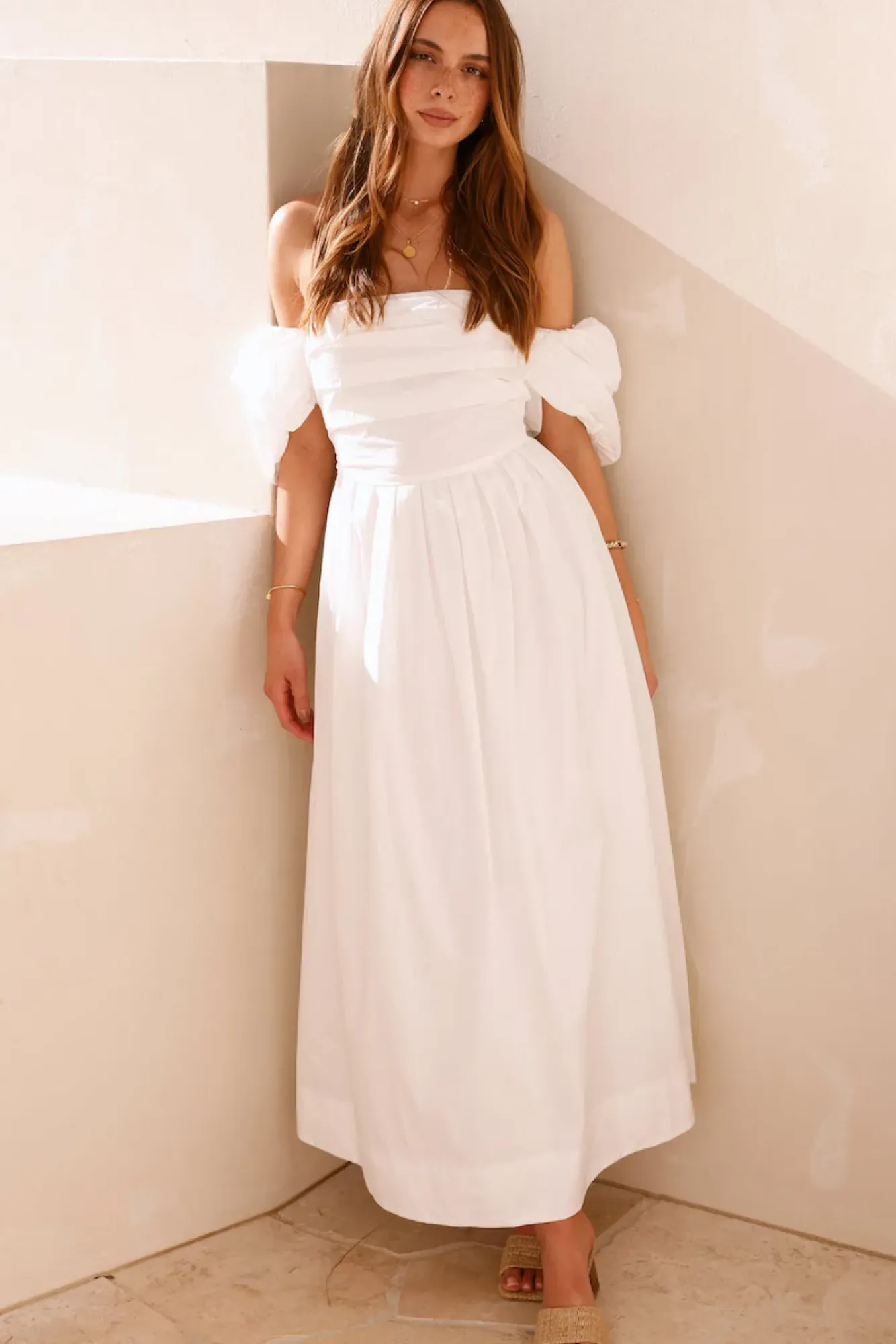 Cocktail Dresses|Brunch Dresses>Hello Molly Bella Off-Shoulder Maxi Dress White