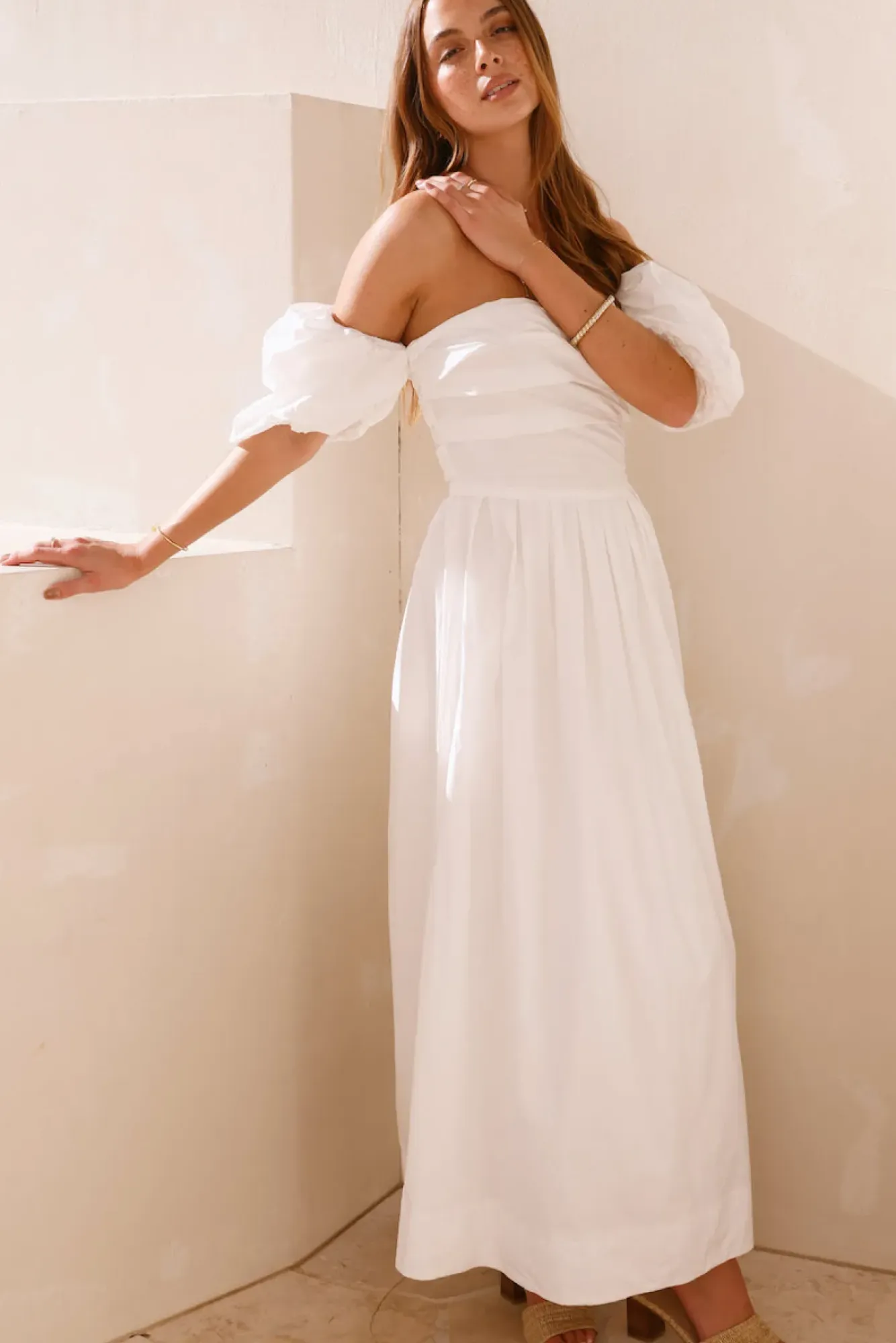Cocktail Dresses|Brunch Dresses>Hello Molly Bella Off-Shoulder Maxi Dress White