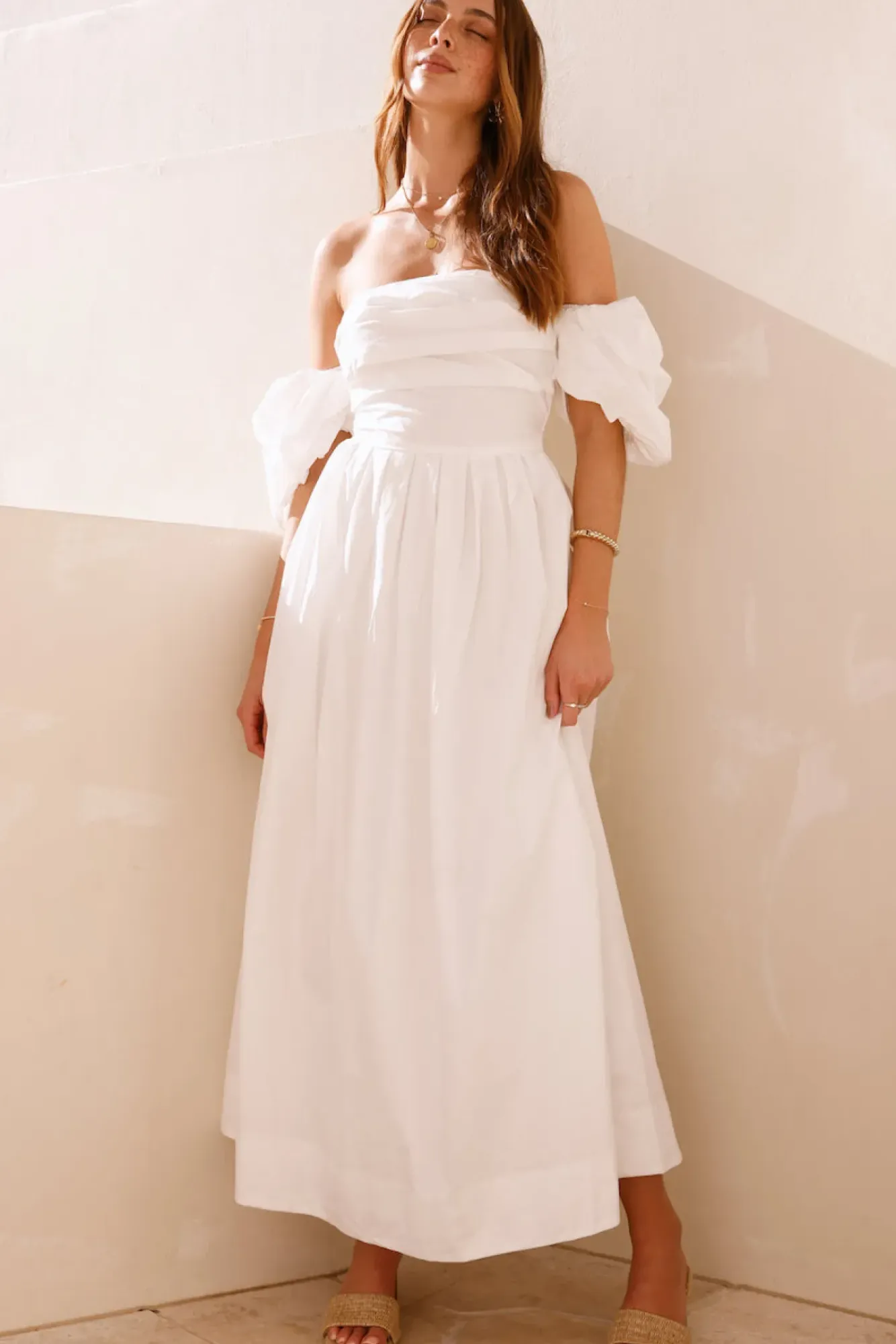 Cocktail Dresses|Brunch Dresses>Hello Molly Bella Off-Shoulder Maxi Dress White