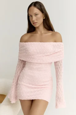 Date Night Dresses|Brunch Dresses>Hello Molly Beloved Dreams Off Shoulder Long Sleeve Mini Dress Pink