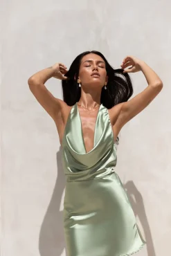 Vacation Dresses|Satin Dresses>Hello Molly Beyond The Valley Satin Halter Mini Dress Sage
