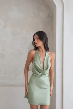 Vacation Dresses|Satin Dresses>Hello Molly Beyond The Valley Satin Halter Mini Dress Sage