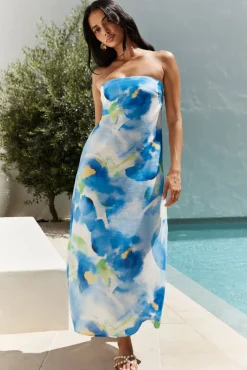 Wedding Guest Dresses|Vacation Dresses>Hello Molly Bliss Cove Strapless Midi Dress Blue