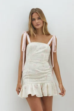 Cocktail Dresses|Date Night Dresses>Hello Molly Blossom Embellish Mini Dress Cream