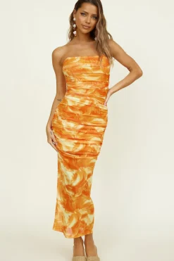 Strapless Dresses|Midi Dresses>Hello Molly Burning Palms Maxi Dress Orange