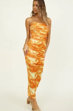 Strapless Dresses|Midi Dresses>Hello Molly Burning Palms Maxi Dress Orange