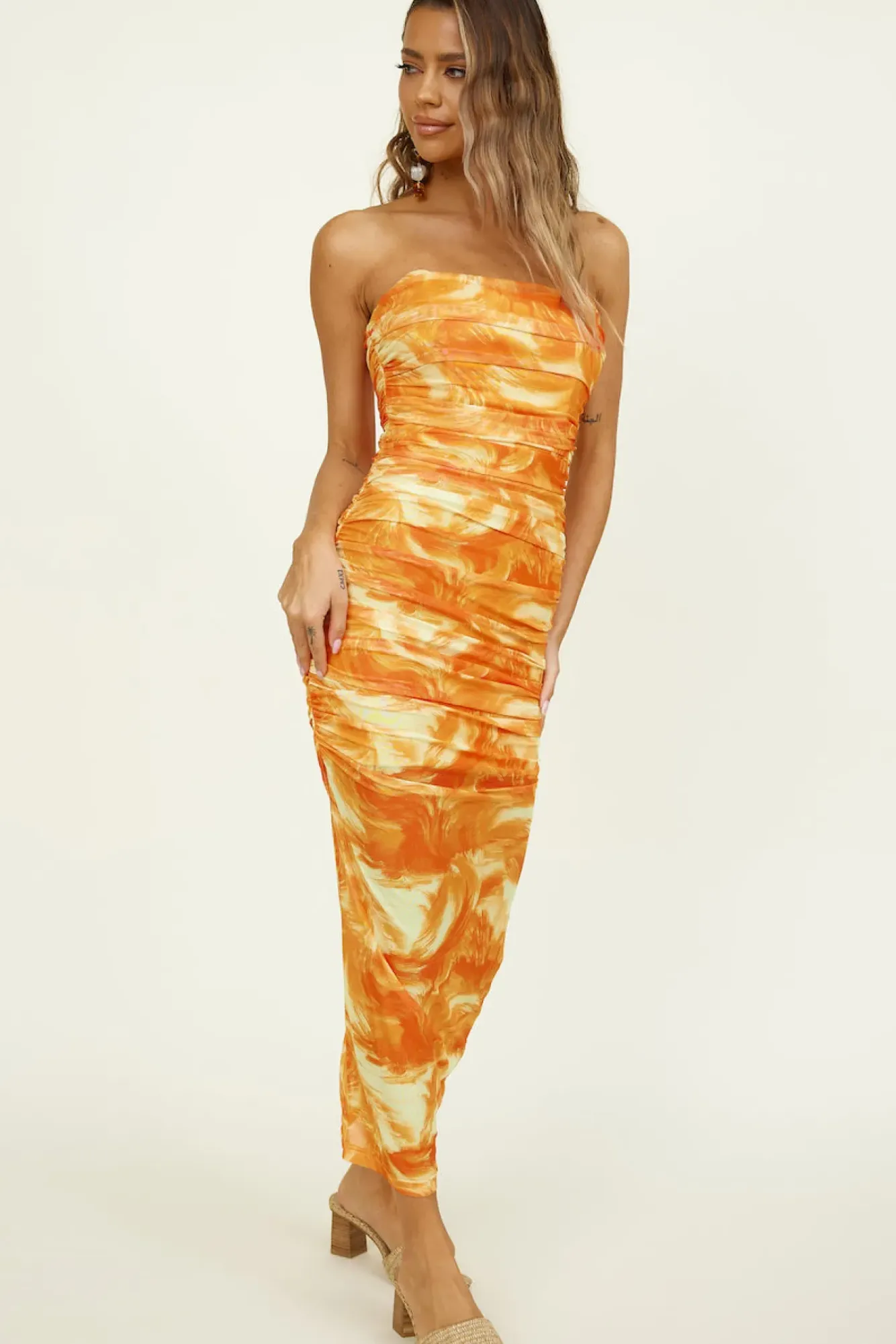 Strapless Dresses|Midi Dresses>Hello Molly Burning Palms Maxi Dress Orange