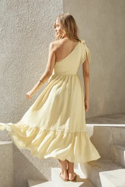 Cocktail Dresses|One Shoulder Dresses>Hello Molly Busy Girl One Shoulder Maxi Dress Yellow