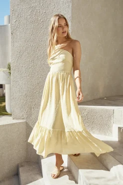 Cocktail Dresses|One Shoulder Dresses>Hello Molly Busy Girl One Shoulder Maxi Dress Yellow