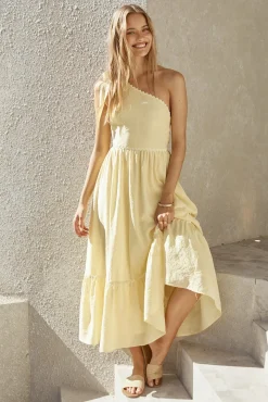 Cocktail Dresses|One Shoulder Dresses>Hello Molly Busy Girl One Shoulder Maxi Dress Yellow