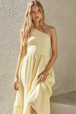 Cocktail Dresses|One Shoulder Dresses>Hello Molly Busy Girl One Shoulder Maxi Dress Yellow