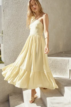 Cocktail Dresses|One Shoulder Dresses>Hello Molly Busy Girl One Shoulder Maxi Dress Yellow