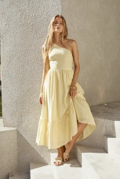 Cocktail Dresses|One Shoulder Dresses>Hello Molly Busy Girl One Shoulder Maxi Dress Yellow