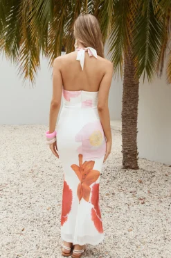 Wedding Guest Dresses|Cocktail Dresses>Hello Molly Cabana Blooms Mesh Halter Maxi Dress White