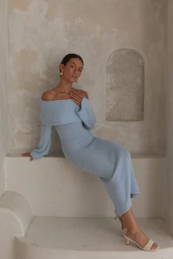 Vacation Dresses|Knit Dresses>Hello Molly Cabana Crush Off Shoulder Knit Midi Dress Blue