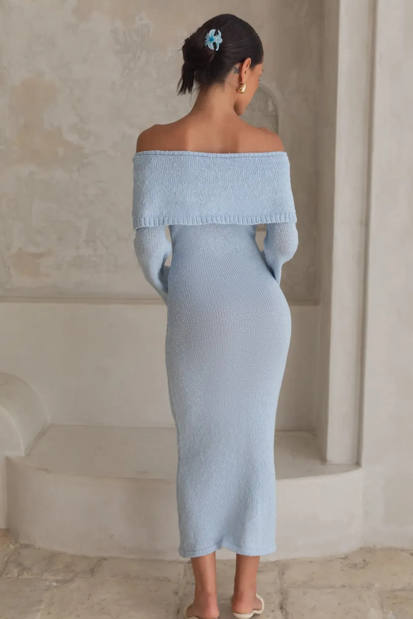 Vacation Dresses|Knit Dresses>Hello Molly Cabana Crush Off Shoulder Knit Midi Dress Blue