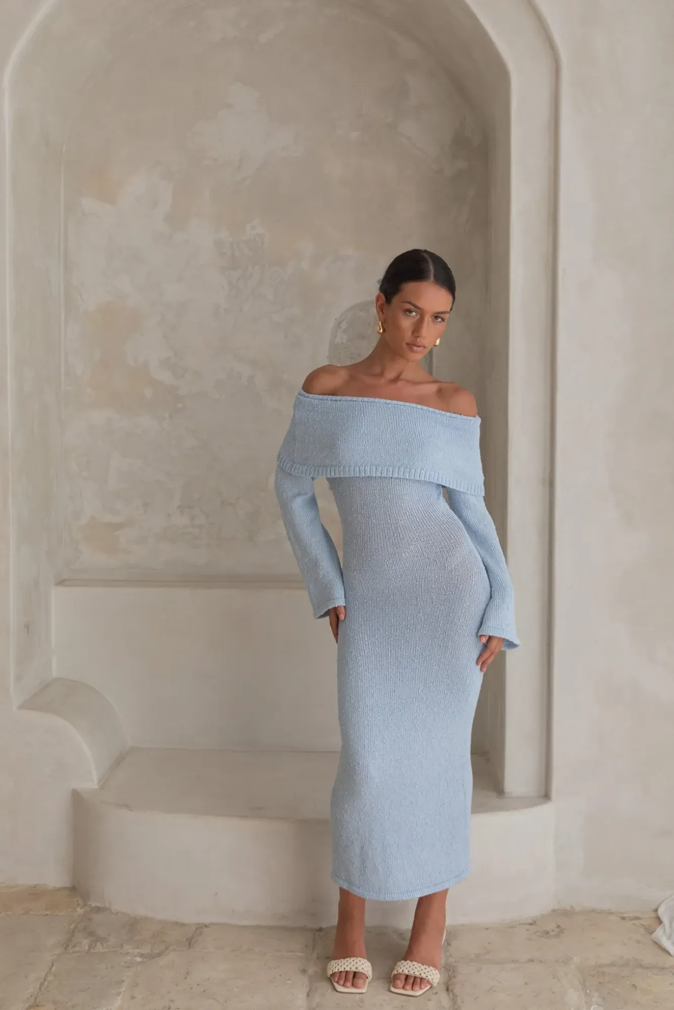 Vacation Dresses|Knit Dresses>Hello Molly Cabana Crush Off Shoulder Knit Midi Dress Blue