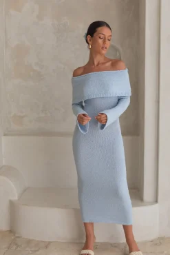Vacation Dresses|Knit Dresses>Hello Molly Cabana Crush Off Shoulder Knit Midi Dress Blue
