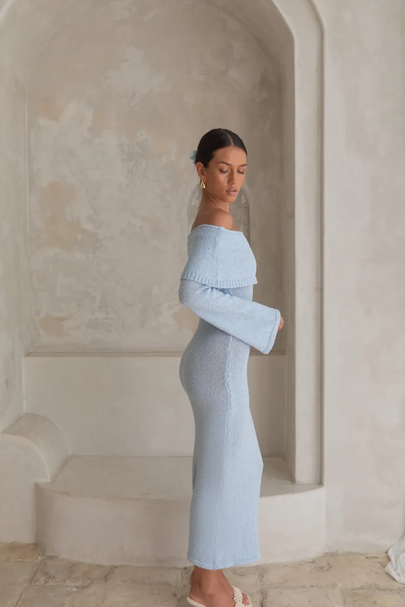 Vacation Dresses|Knit Dresses>Hello Molly Cabana Crush Off Shoulder Knit Midi Dress Blue