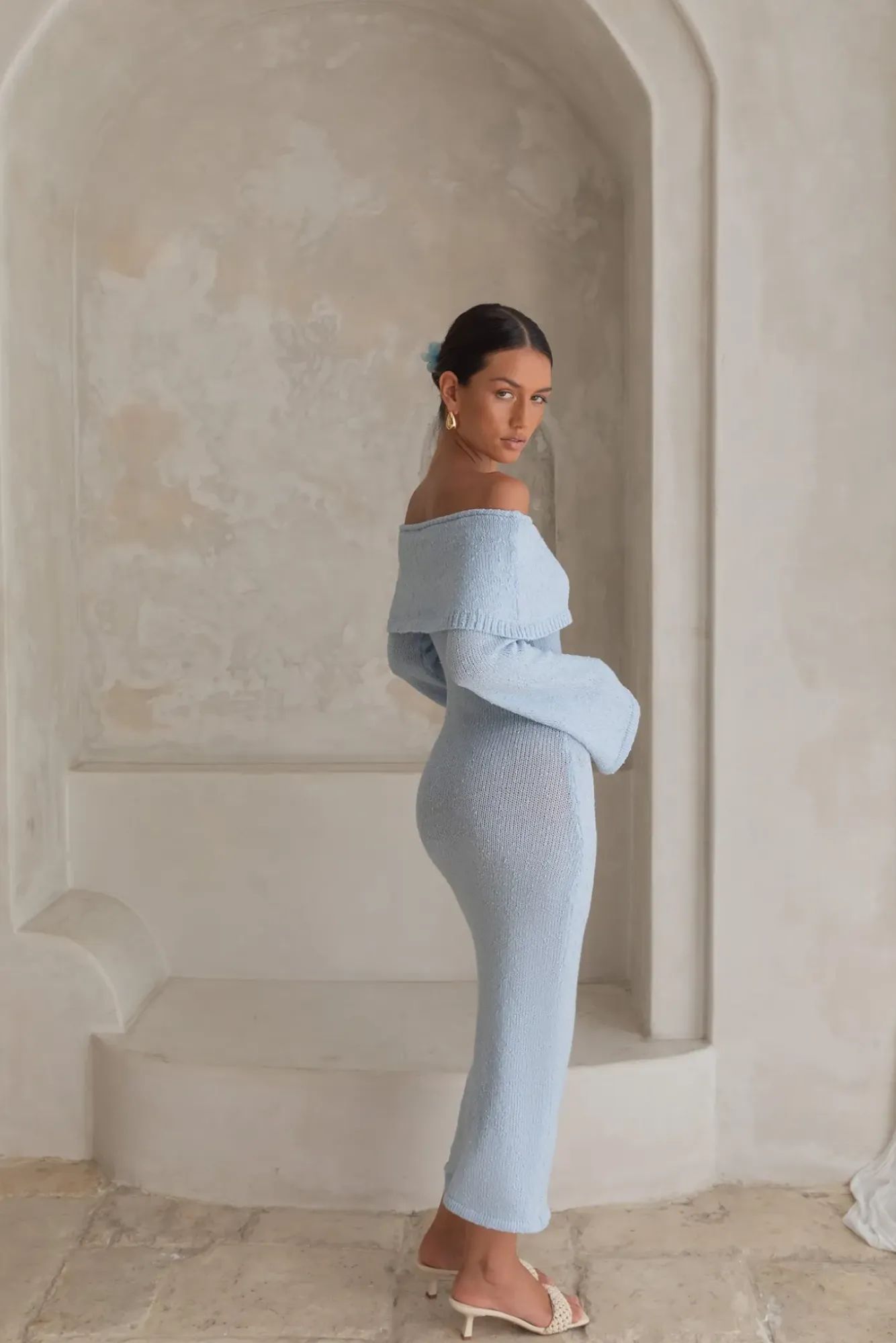 Vacation Dresses|Knit Dresses>Hello Molly Cabana Crush Off Shoulder Knit Midi Dress Blue