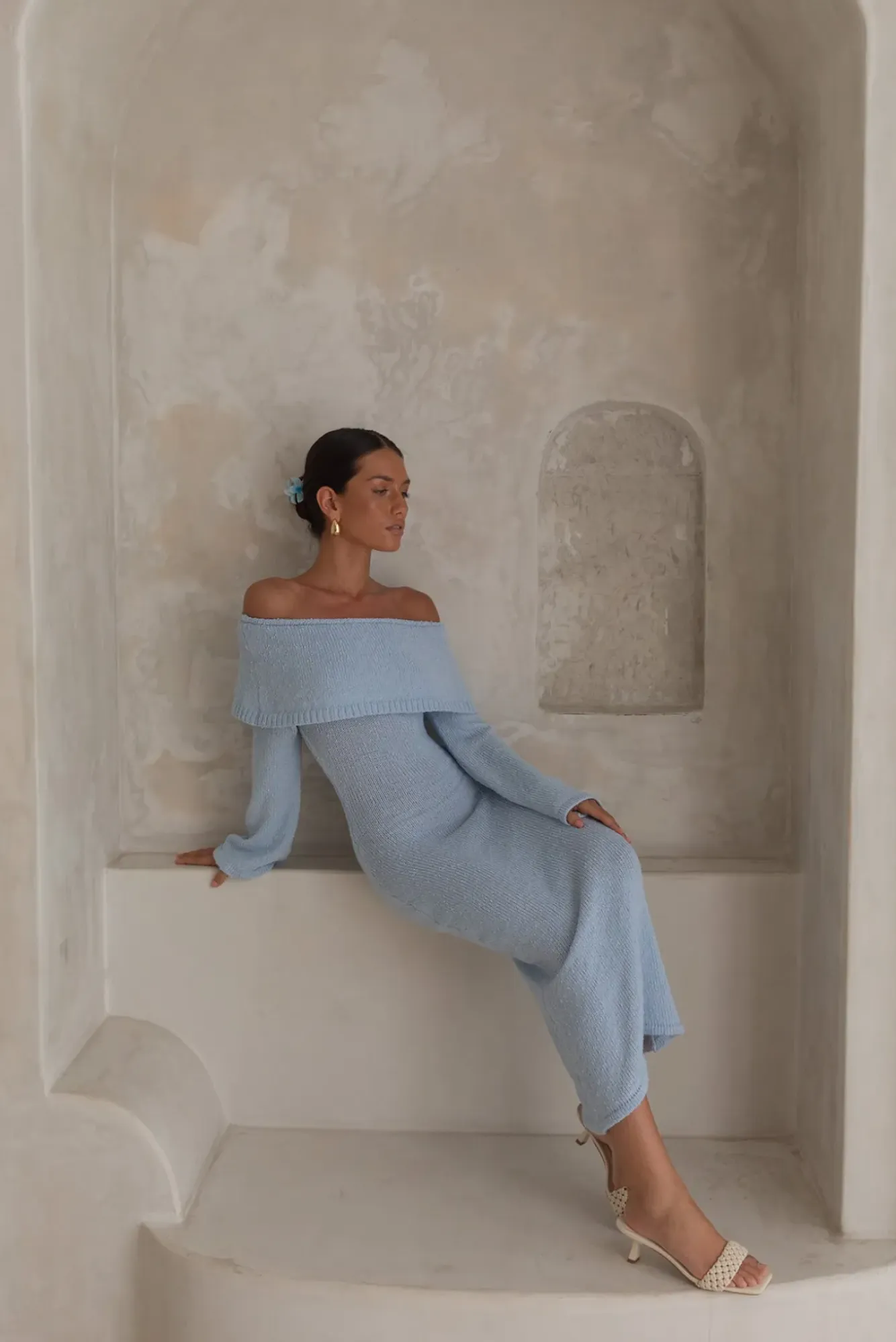 Vacation Dresses|Knit Dresses>Hello Molly Cabana Crush Off Shoulder Knit Midi Dress Blue