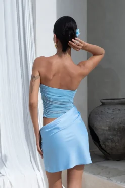 Vacation Dresses|Date Night Dresses>Hello Molly Call Me Darling Strapless Mesh Mini Dress Blue