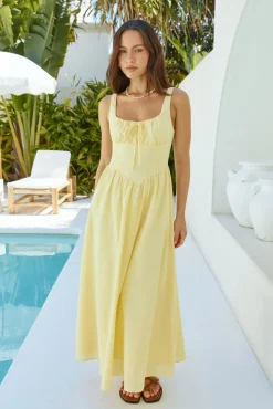 Wedding Guest Dresses|Cocktail Dresses>Hello Molly Calming Aura Linen Maxi Dress Yellow
