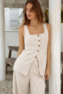 Fashion Tops And Vests|Cropped>Hello Molly Capriccio Linen Vest Top Beige